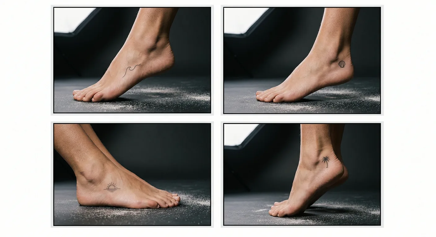 Small beach tattoos on foot wave Small beach tattoos on foot with wave, shell, palm tree and sun horizon designs | Sky Rye Design Small beach tattoos on foot with wave, shell, palm tree and sun horizon designs
