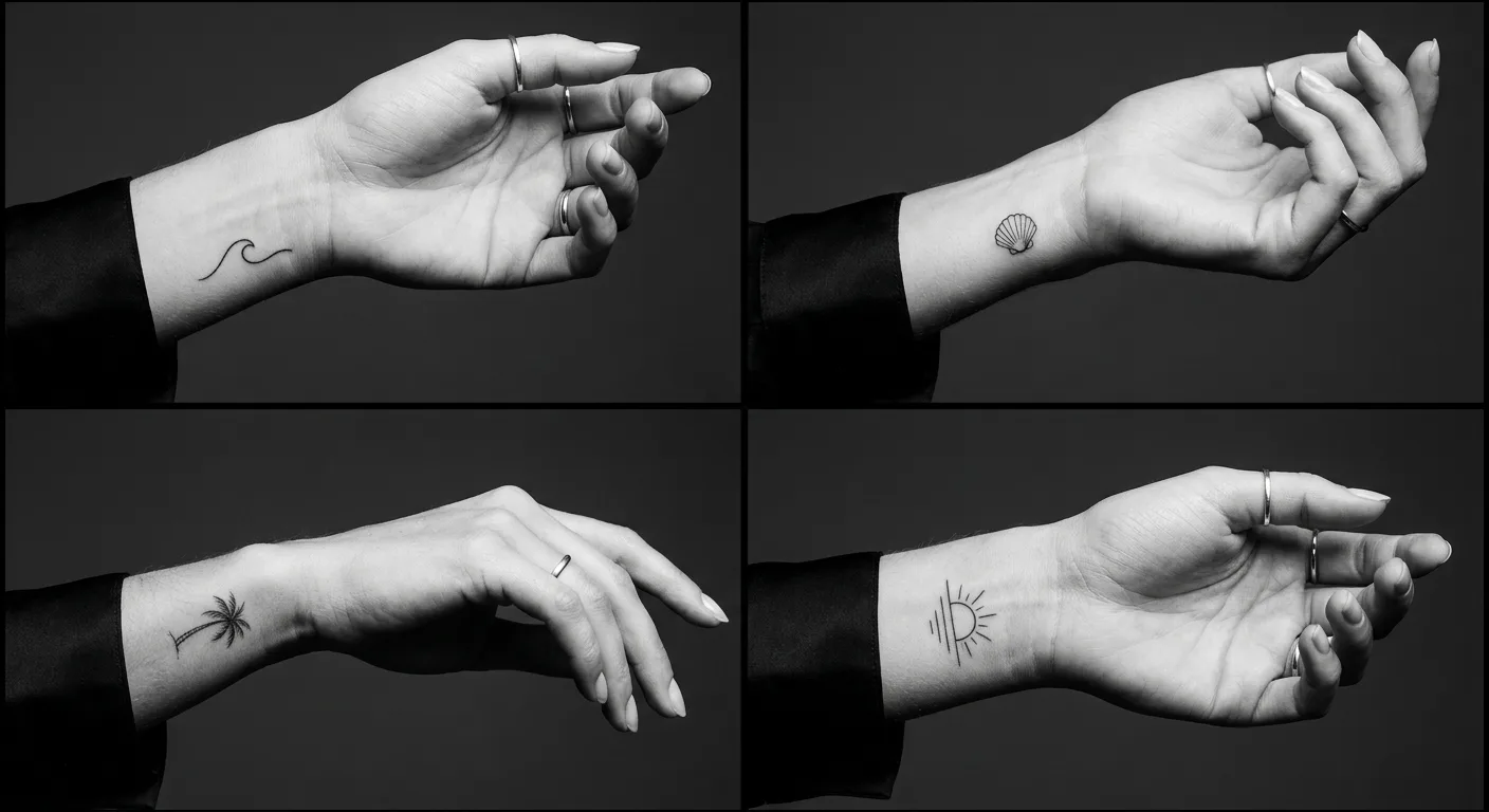 Small beach tattoos wrist wave Small beach tattoos wrist ideas with wave, shell, palm tree and sun fine-line designs | Sky Rye Design Small beach tattoos wrist ideas with wave, shell, palm tree and sun fine-line designs