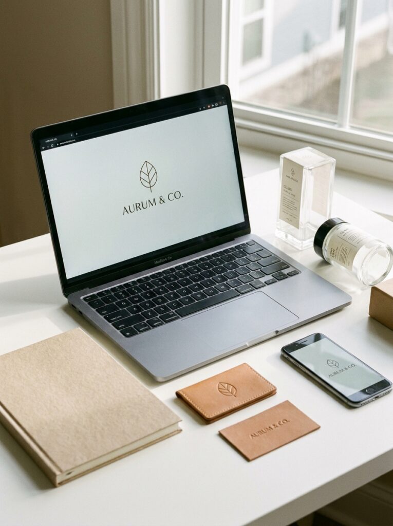 Laptop_beside_notebook_and_smart_202607040149 Clean workspace branding mockup: laptop and phone with Aurum & Co logo, notebook, leather business cards, skincare bottles | Sky Rye Design Clean workspace branding mockup: laptop and phone with Aurum & Co logo, notebook, leather business cards, skincare bottles
