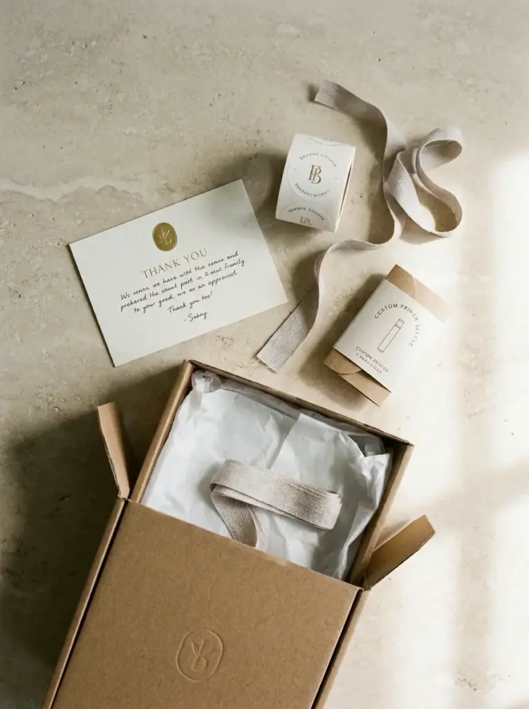 Packaging_card_sticker_ribbon_202607040145 Open brown gift box with tissue paper and beige ribbon; accompanying thank-you card and small branded packaging pieces on a light stone surface. | Sky Rye Design Minimal neutral flatlay of eco kraft gift box with tissue, canvas ribbon, thank-you card and small custom packaging