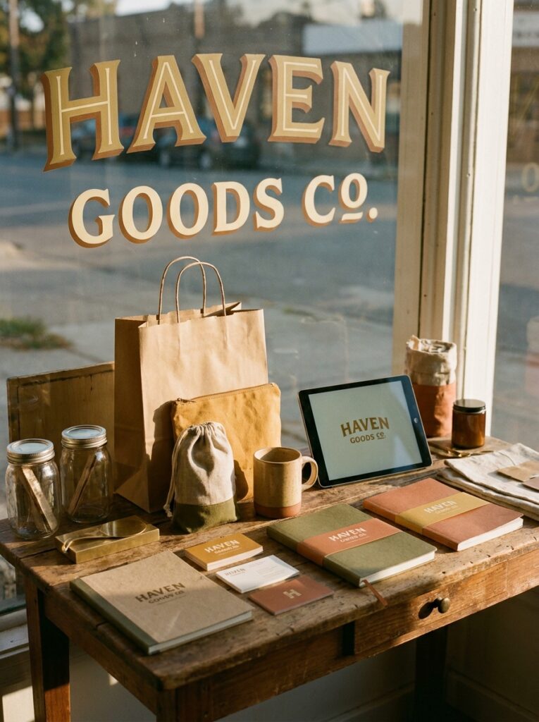 Small_business_branding_ecosyste_202607040152 Haven Goods Co. storefront display with branded notebooks, paper bag, ceramic mug and tablet showing logo | Sky Rye Design Haven Goods Co. storefront display with branded notebooks, paper bag, ceramic mug and tablet showing logo