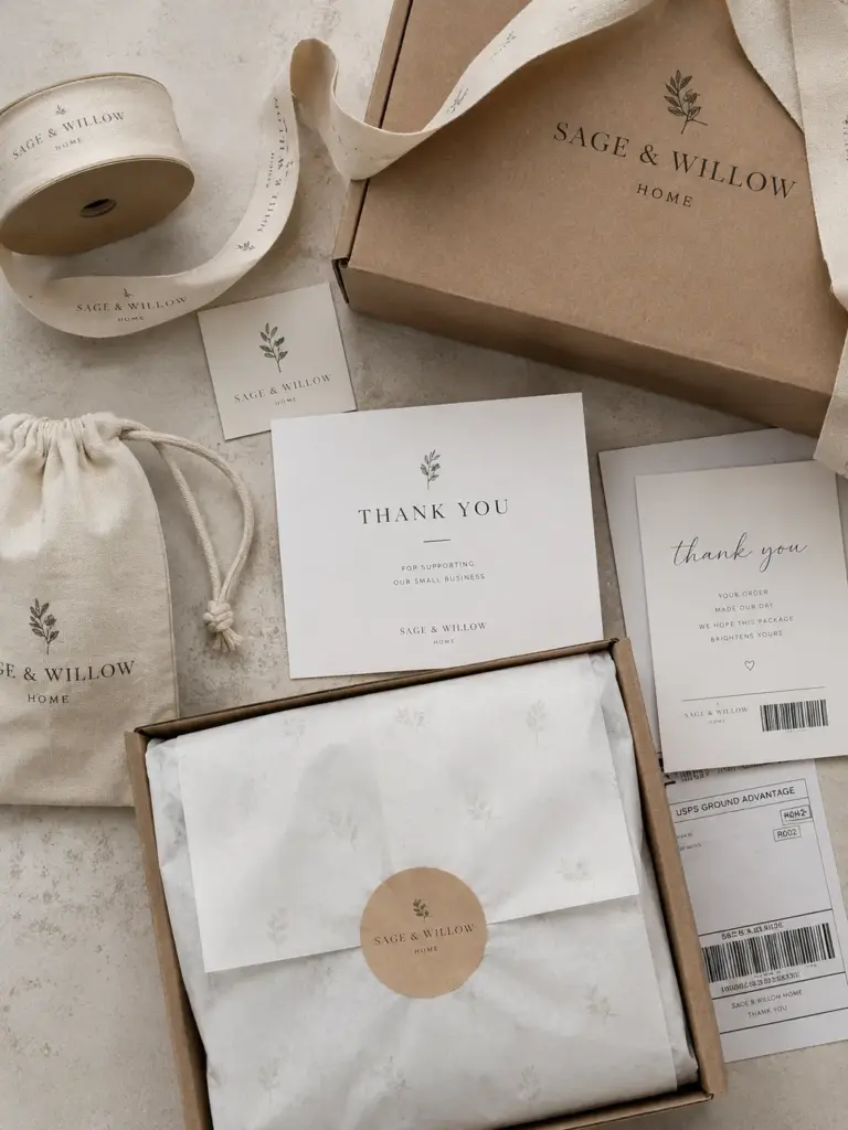 9fd06a96-3f93-400e-ac9a-3e35d0914fc4 Flat lay of Sage & Willow Home packaging: kraft box, ribbon, bags, and thank-you cards gathered on a light surface. | Sky Rye Design Sage & Willow eco-friendly packaging: kraft box with tissue wrap, round sticker, ribbon, pouch & thank-you cards