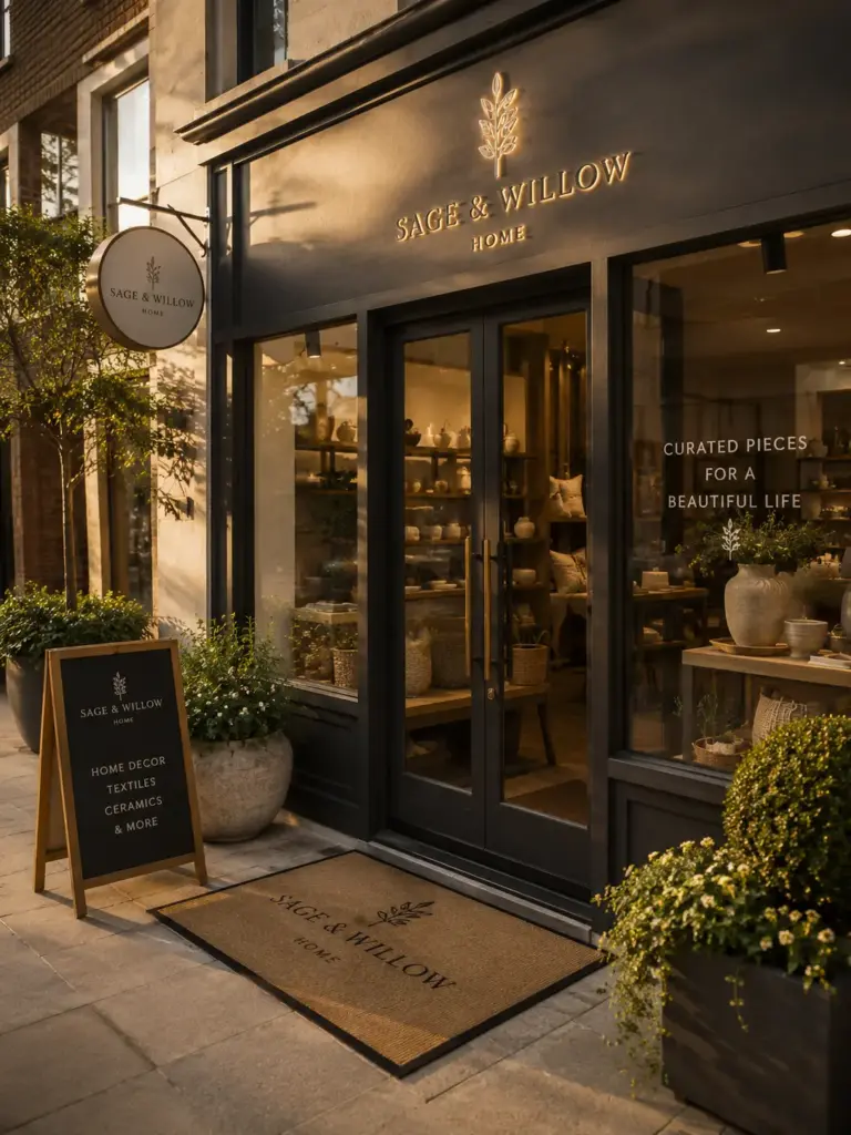 61e98632-057a-4a91-b33d-fa45c5f611b3 Sage & Willow home decor boutique storefront with black facade, glass doors, doormat and greenery | Sky Rye Design Sage & Willow home decor boutique storefront with black facade, glass doors, doormat and greenery