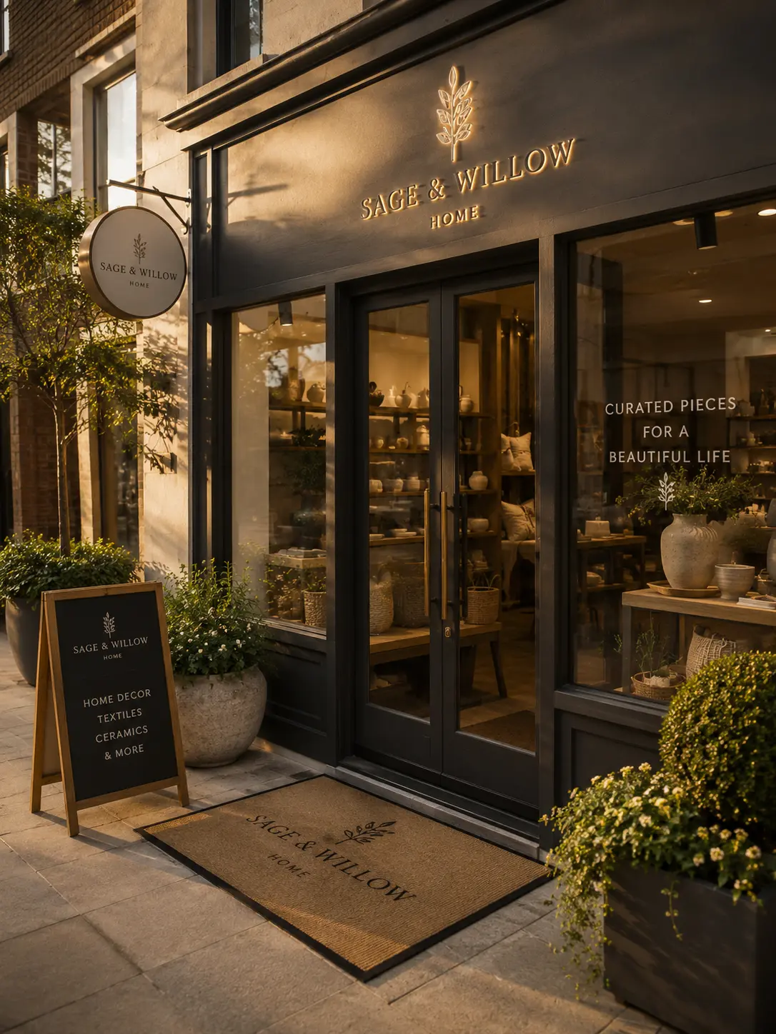 61e98632-057a-4a91-b33d-fa45c5f611b3 Sage & Willow home decor boutique storefront with black facade, glass doors, doormat and greenery | Sky Rye Design Boutique storefront with consistent facade, entrance and display design