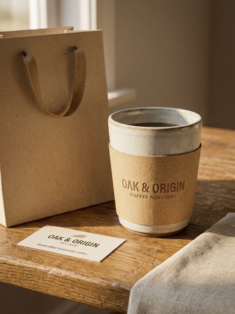 Coffee_cup_bag_business_card_202607040143 Kraft coffee cup with sleeve reading 'OAK & ORIGIN COFFEE ROASTERS' on a wooden table, beside a brown paper bag and a branding card. | Sky Rye Design Oak & Origin coffee cup in ceramic with kraft sleeve and business card on wooden table, eco-friendly coffee branding