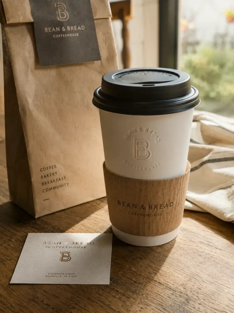 2f6643af-5e5e-4323-b90c-5c00b062feb7 Bean & Bread Coffeehouse to-go coffee cup with brown sleeve, matching paper bag and business card on wooden table | Sky Rye Design Bean & Bread Coffeehouse to-go coffee cup with brown sleeve, matching paper bag and business card on wooden table