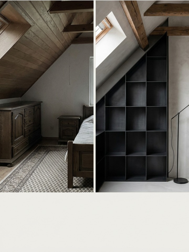 A split before-and-after view of a small cottage bedroom with a sloped ceiling, dark dresser, and edited built-in shelving.