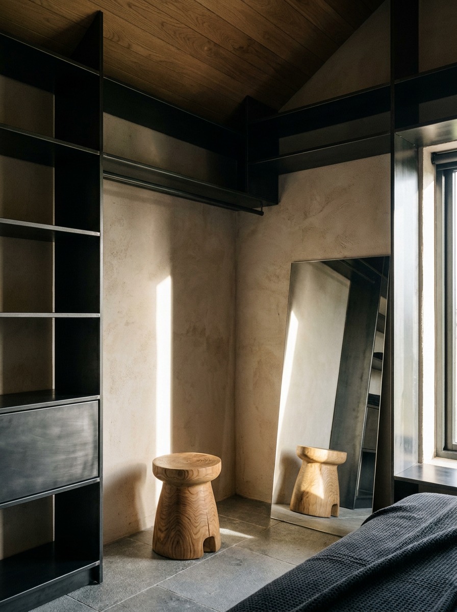 A compact cottage corner with full-height black steel shelving, an oak stool, mirror, raw plaster wall, and angled timber ceiling.
