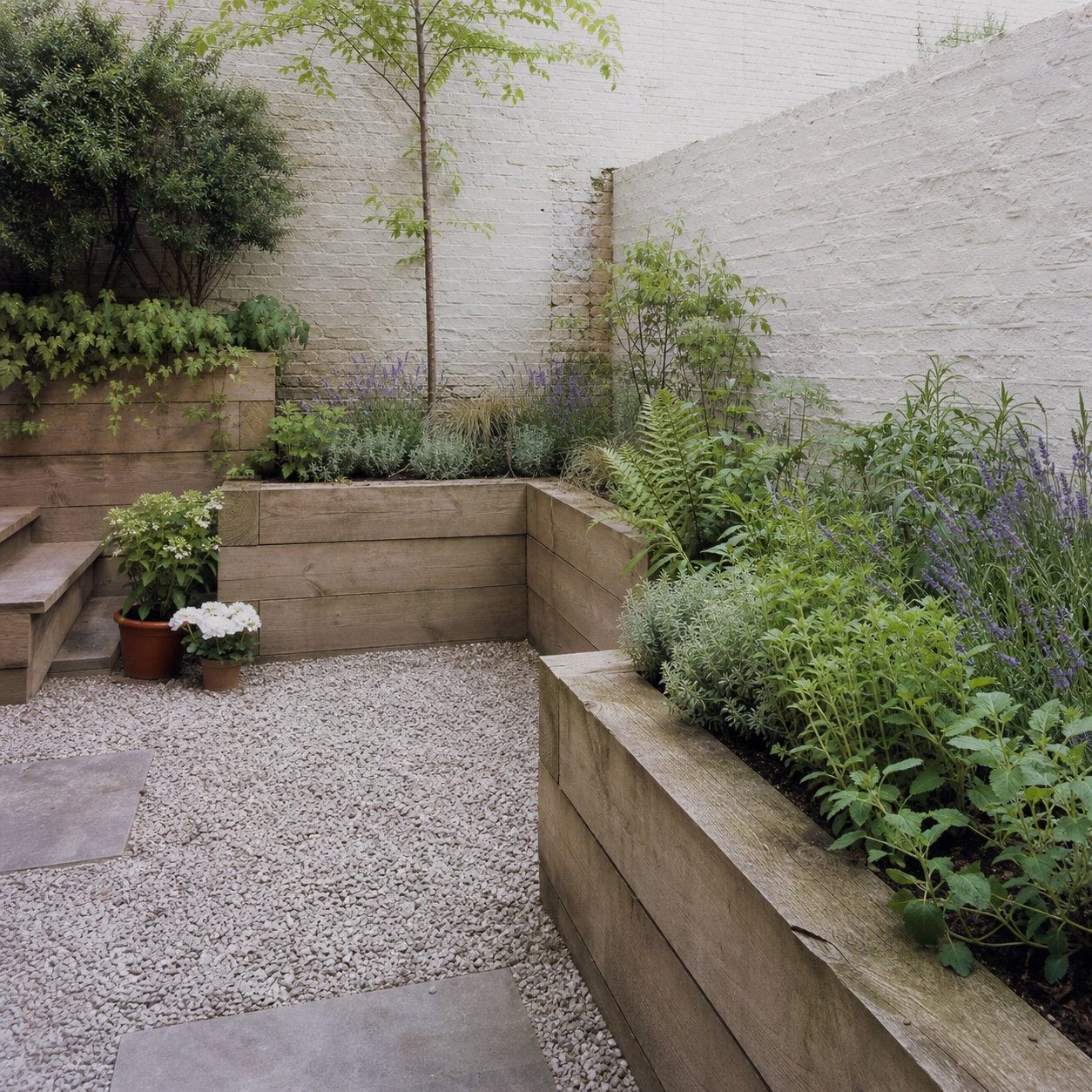 Small garden sleeper planters Small garden sleeper planters in a compact courtyard with herbs, gravel and a pale garden wall | Sky Rye Design Small garden sleeper planters in a compact courtyard with herbs, gravel and a pale garden wall