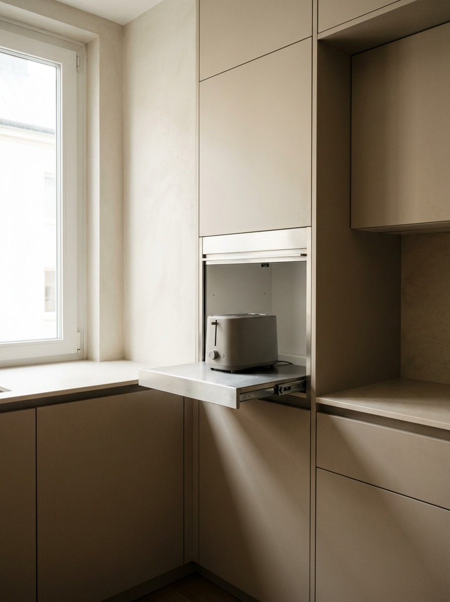 Compact appliance garage with a pull-out shelf holding a small appliance in a small kitchen