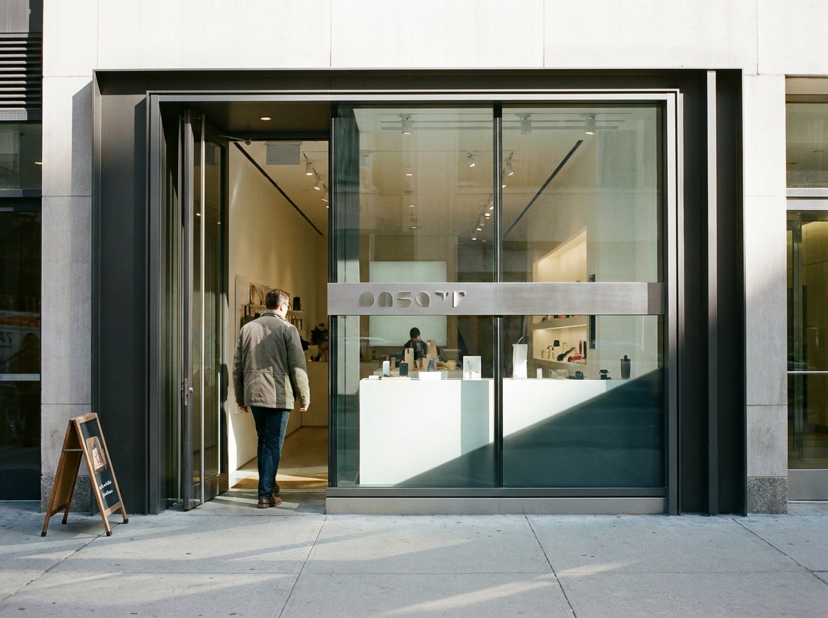Small storefront fix — generous entry (AFTER) Small storefront after redesign with a wider recessed entry and eye-height signage. | Sky Rye Design Small storefront after redesign with a wider recessed entry and eye-height signage.