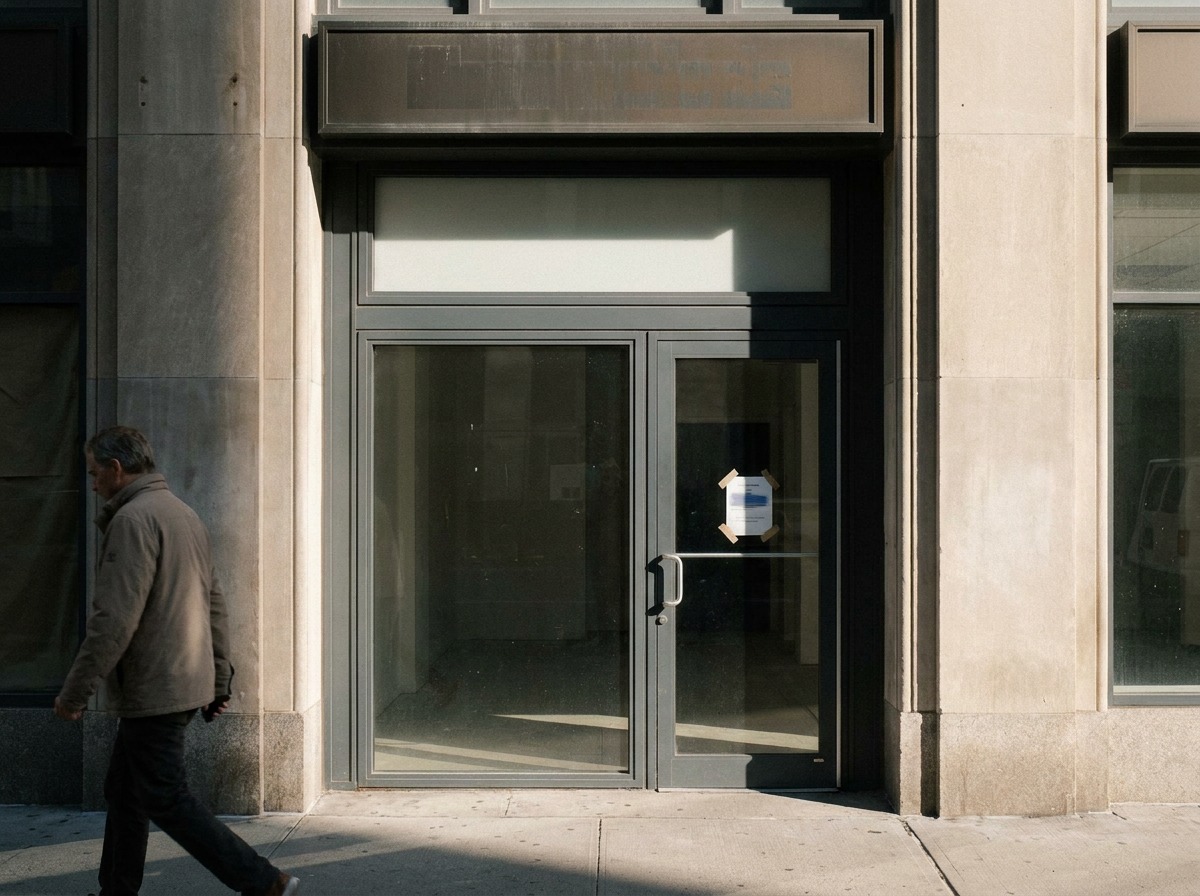 Small storefront mistake — undersized entry (BEFORE) Small storefront before redesign with a narrow recessed entry and signage mounted too high. | Sky Rye Design Small storefront before redesign with a narrow recessed entry and signage mounted too high.