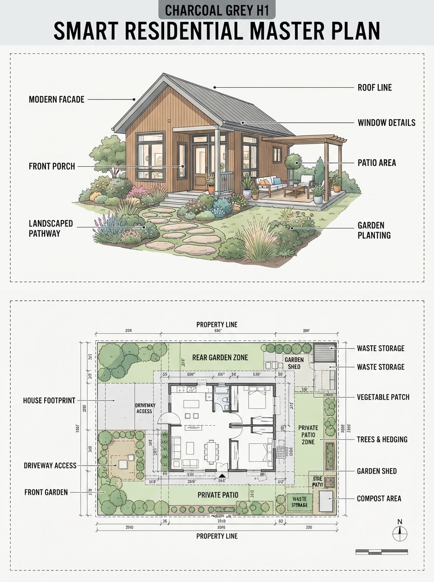 Smart Efficient House Master Plan Infographic Two-panel infographic: Modern compact house exterior and patio garden; bottom panel shows the complete 2D site master plan. | Sky Rye Design Two-panel infographic: Modern compact house exterior and patio garden; bottom panel shows the complete 2D site master plan.
