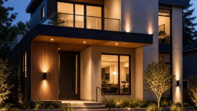 Smart modern house exterior at blue hour with warm integrated lighting and landscaped path