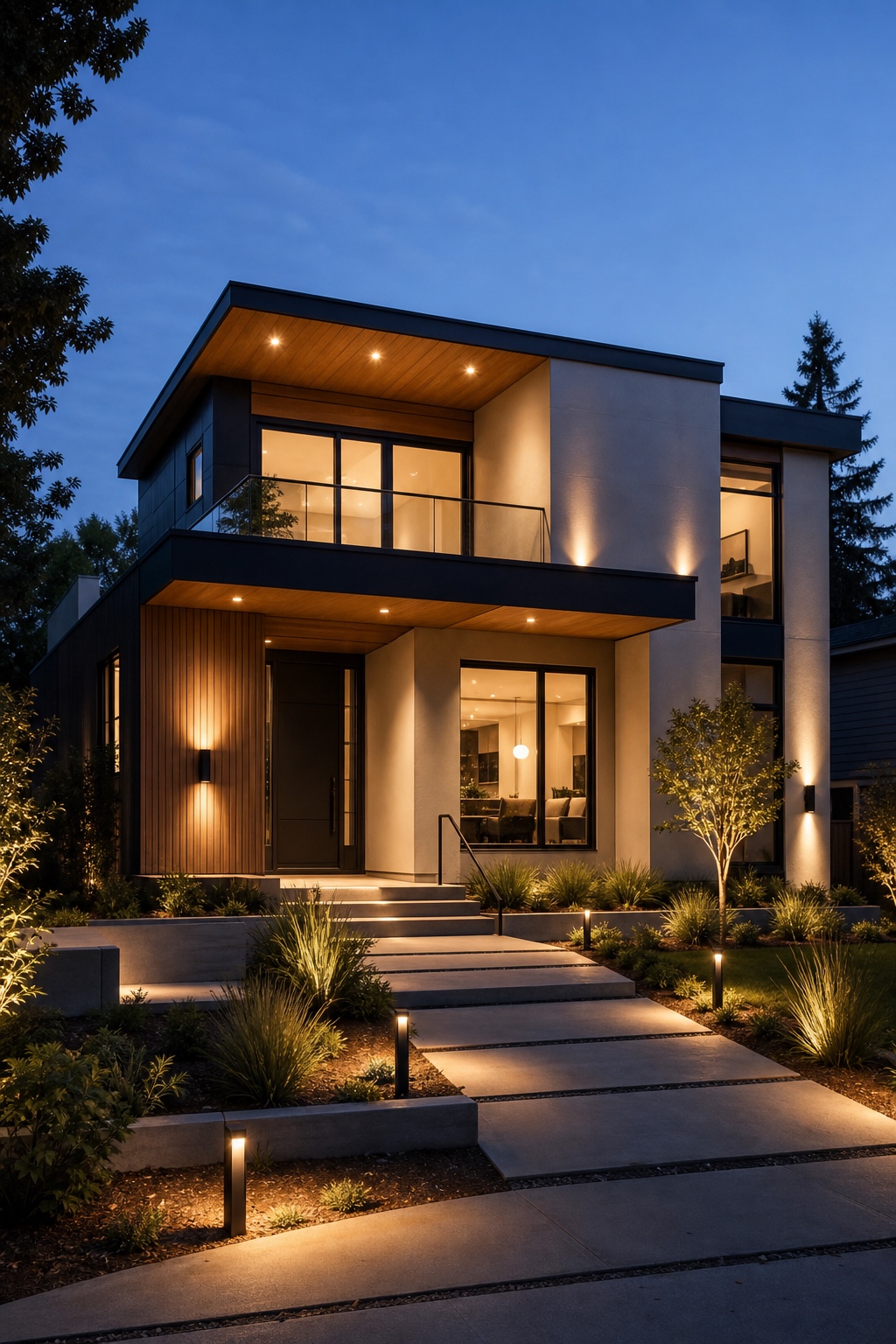 Smart modern house exterior with integrated lighting Smart modern house exterior at blue hour with warm integrated lighting and landscaped path | Sky Rye Design Smart modern house exterior at blue hour with warm integrated lighting and landscaped path