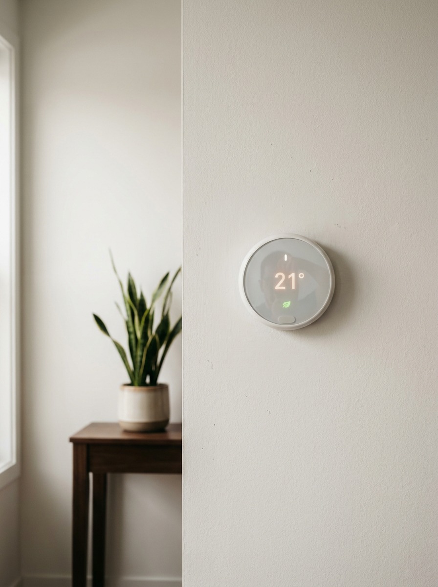 A minimalist smart thermostat mounted on a matte hallway wall near a small console table.