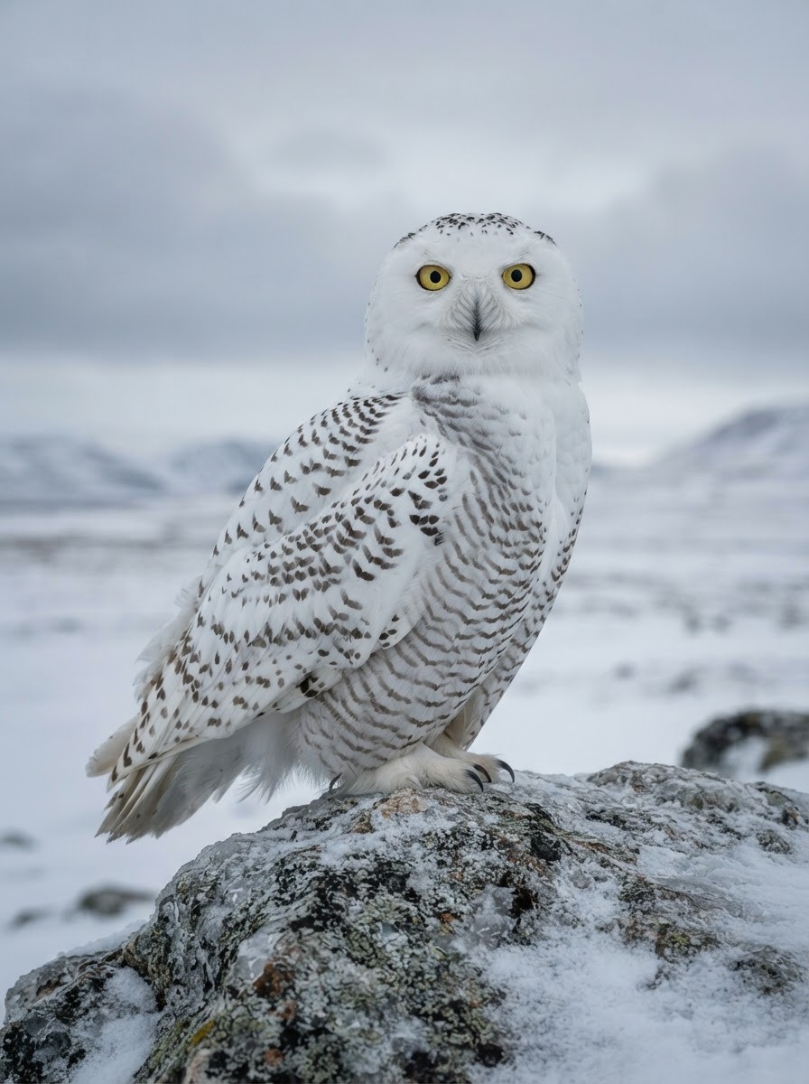 Close-up photo of a snowy owl with white plumage and sparse dark barring standing on snow