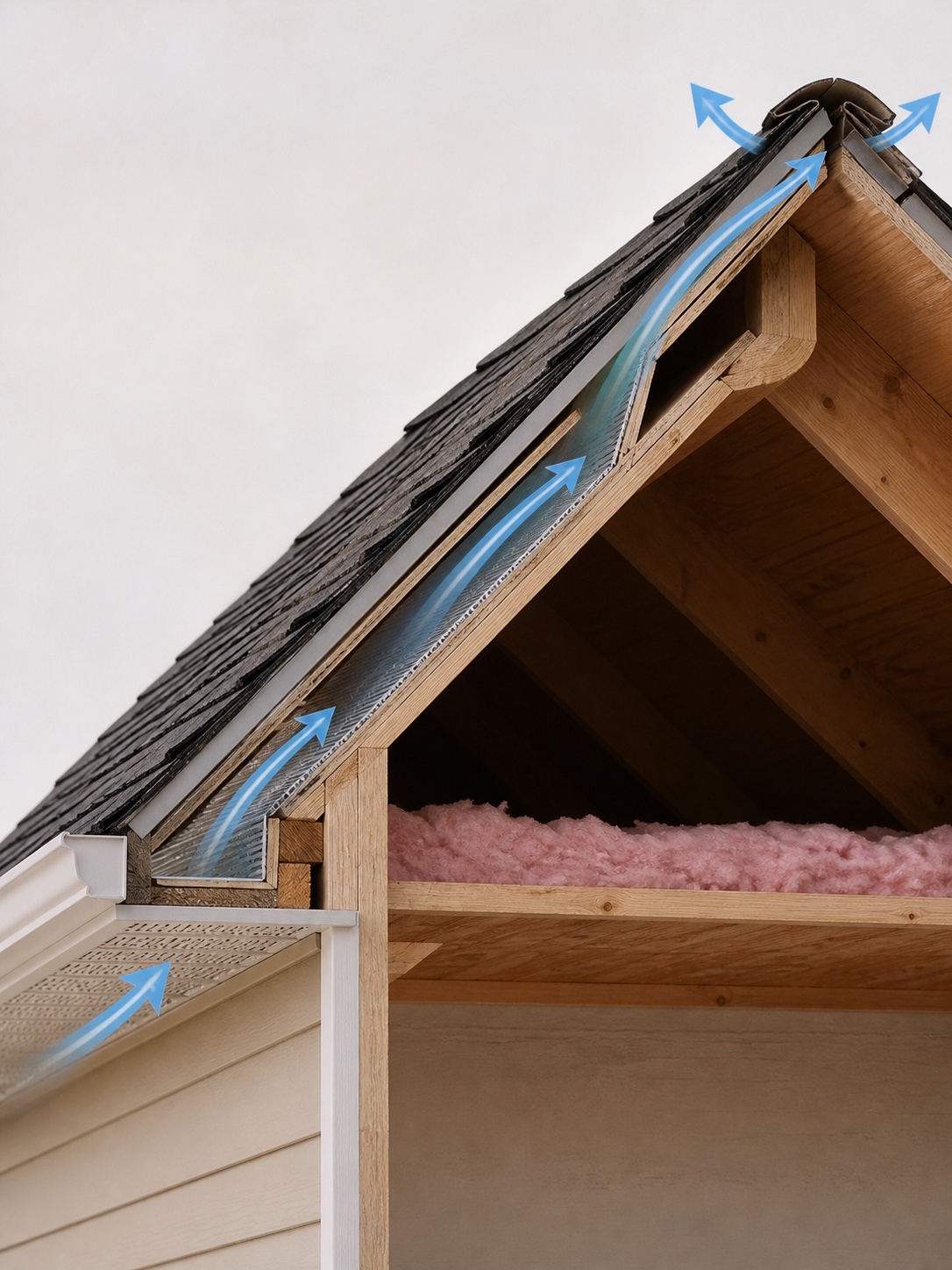 Technical illustration of soffit vent airflow from the eave toward the roof ridge.