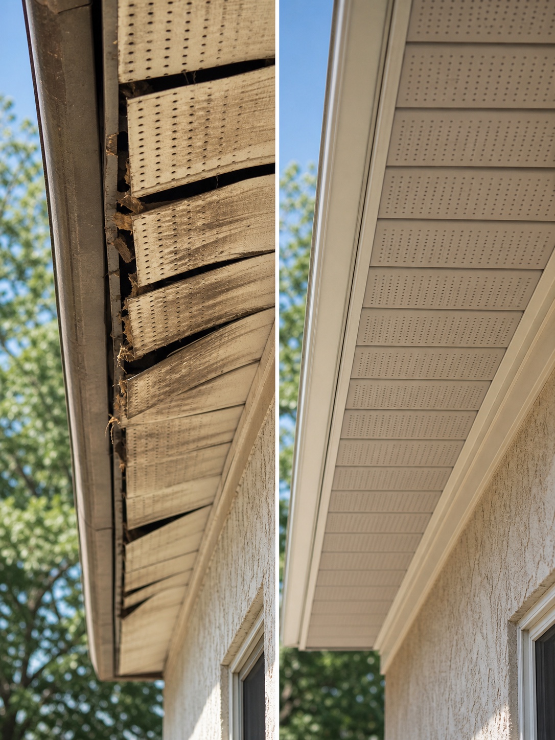 Before-and-after comparison of clogged sagging soffit panels and clean vented soffit panels.
