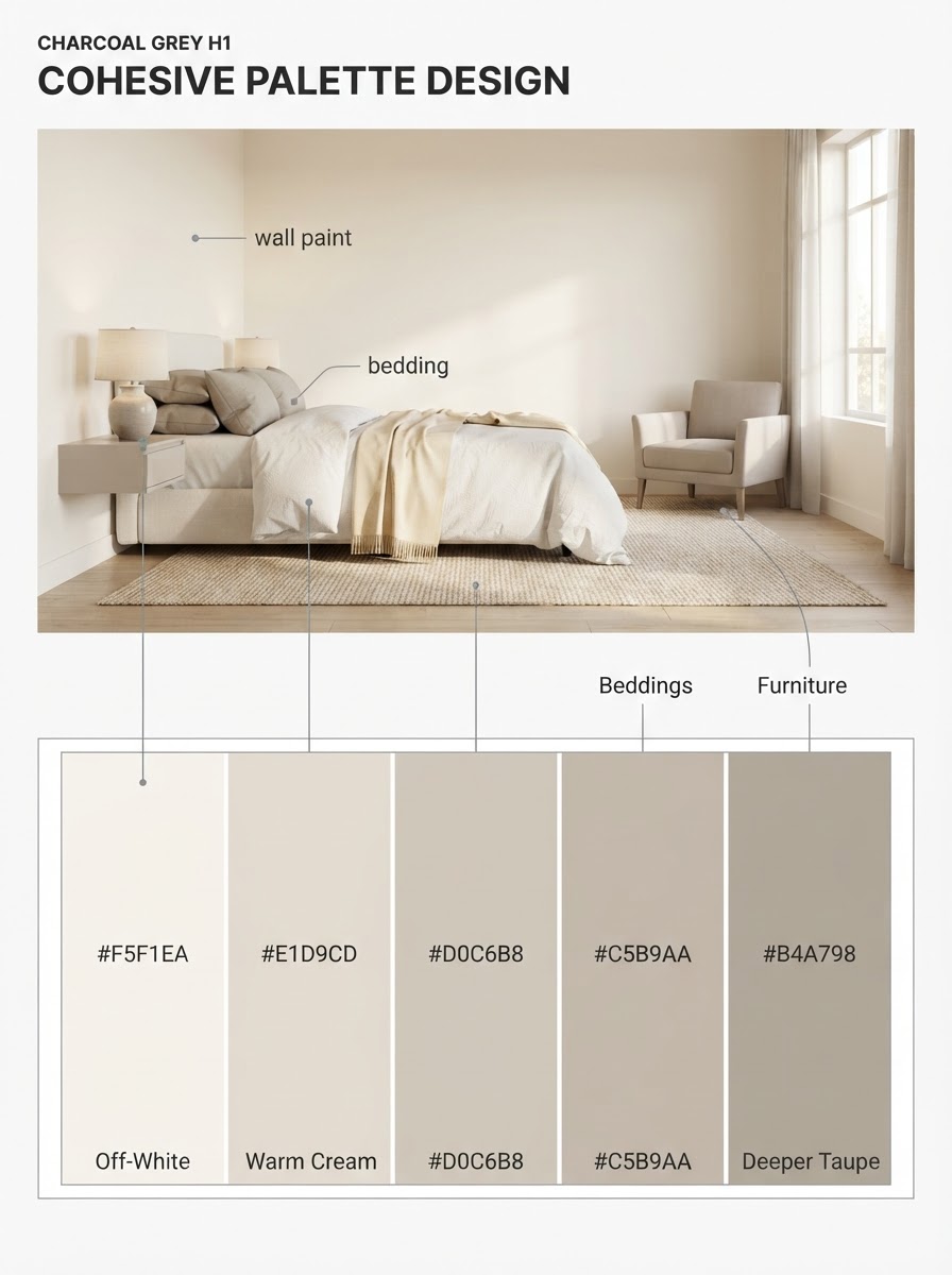 Cohesive Soft Color Palette Swatches Infographic Two-panel infographic: Cozy warm modern bedroom in soft beiges and whites; bottom panel is a paint swatch diagram with exact hex codes. | Sky Rye Design Two-panel infographic: Cozy warm modern bedroom in soft beiges and whites; bottom panel is a paint swatch diagram with exact hex codes.