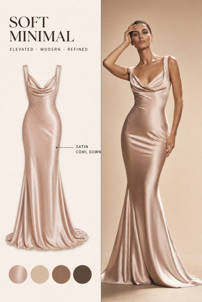 Soft Minimal Satin Cowl Gown Infographic 01 Pinterest fashion infographic featuring a blush champagne satin cowl gown. | Sky Rye Design Pinterest fashion infographic featuring a blush champagne satin cowl gown.