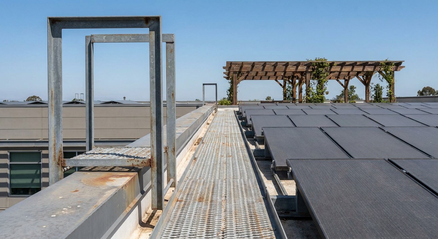 Rooftop walkway and access ladder point kept clear beside a solar array near a pergola structure
