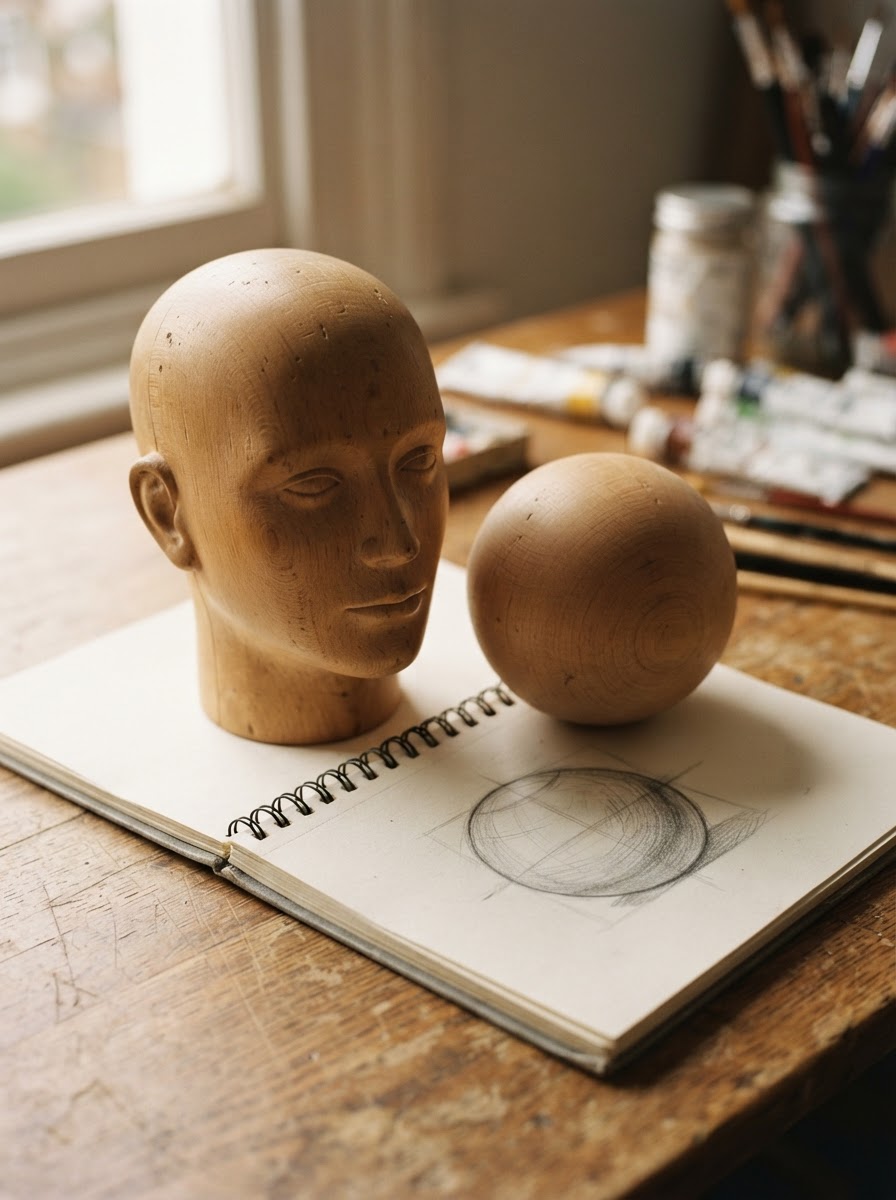 Sphere rotation artist desk study Wooden sphere and mannequin head beside a pencil perspective study on a studio desk. | Sky Rye Design Wooden sphere and mannequin head beside a pencil perspective study on a studio desk.