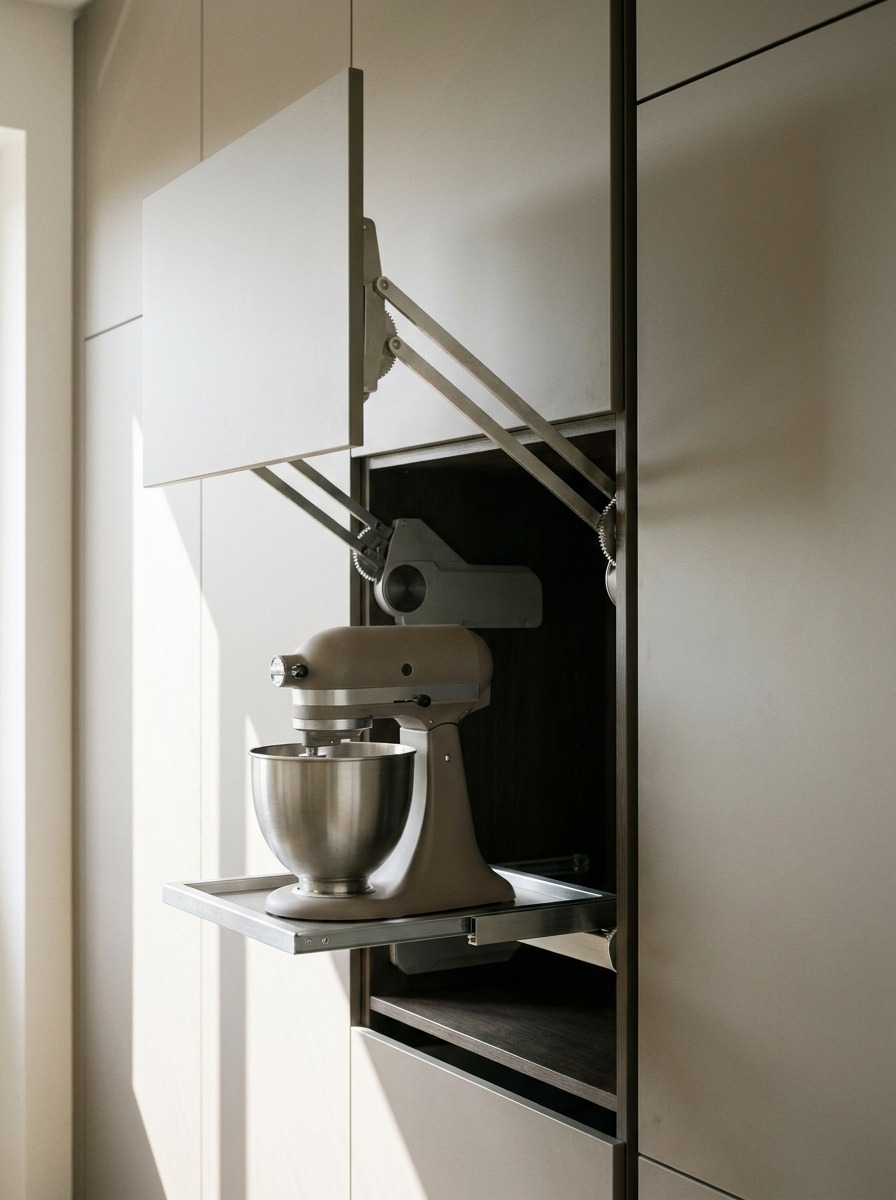 Partially raised appliance lift shelf bringing a stand mixer to counter height