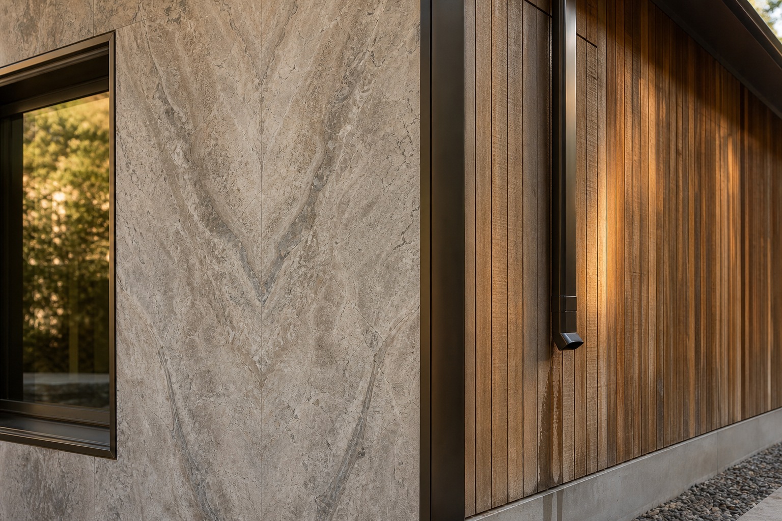 Material palette close-up stone bronze cedar Close facade detail where book-matched stone, bronze trim, and vertical cedar siding meet. | Sky Rye Design Close facade detail where book-matched stone, bronze trim, and vertical cedar siding meet.