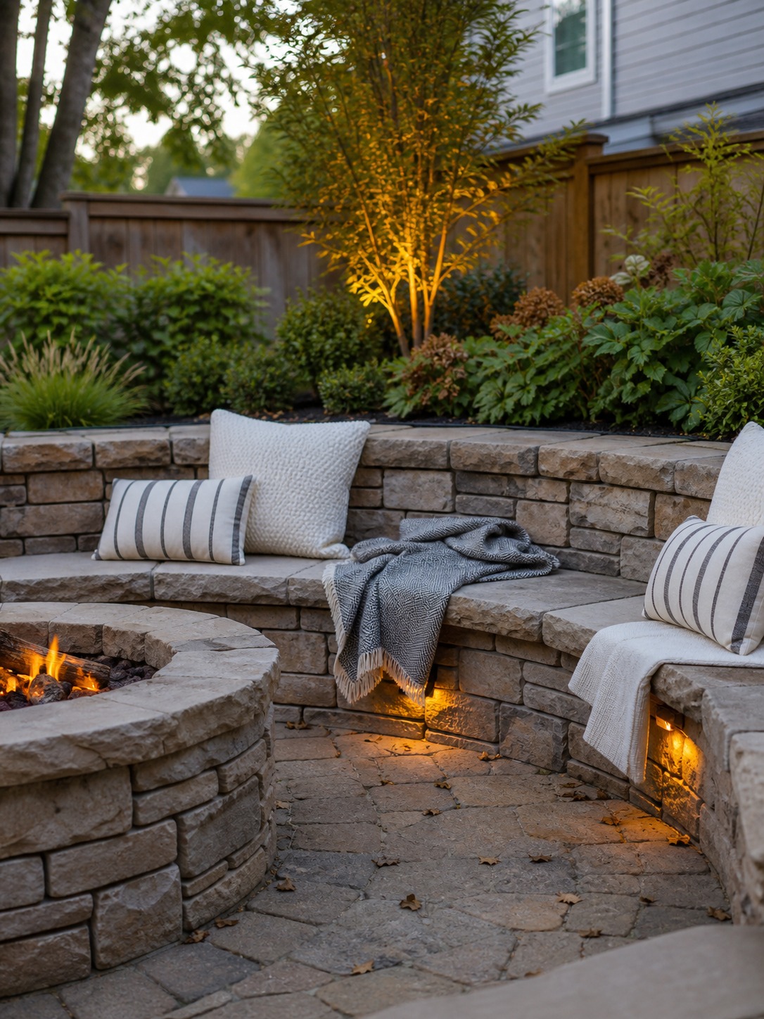Stone retaining wall used as fire pit seating A stacked stone retaining wall around a backyard fire pit that also functions as informal seating. | Sky Rye Design A stacked stone retaining wall around a backyard fire pit that also functions as informal seating.
