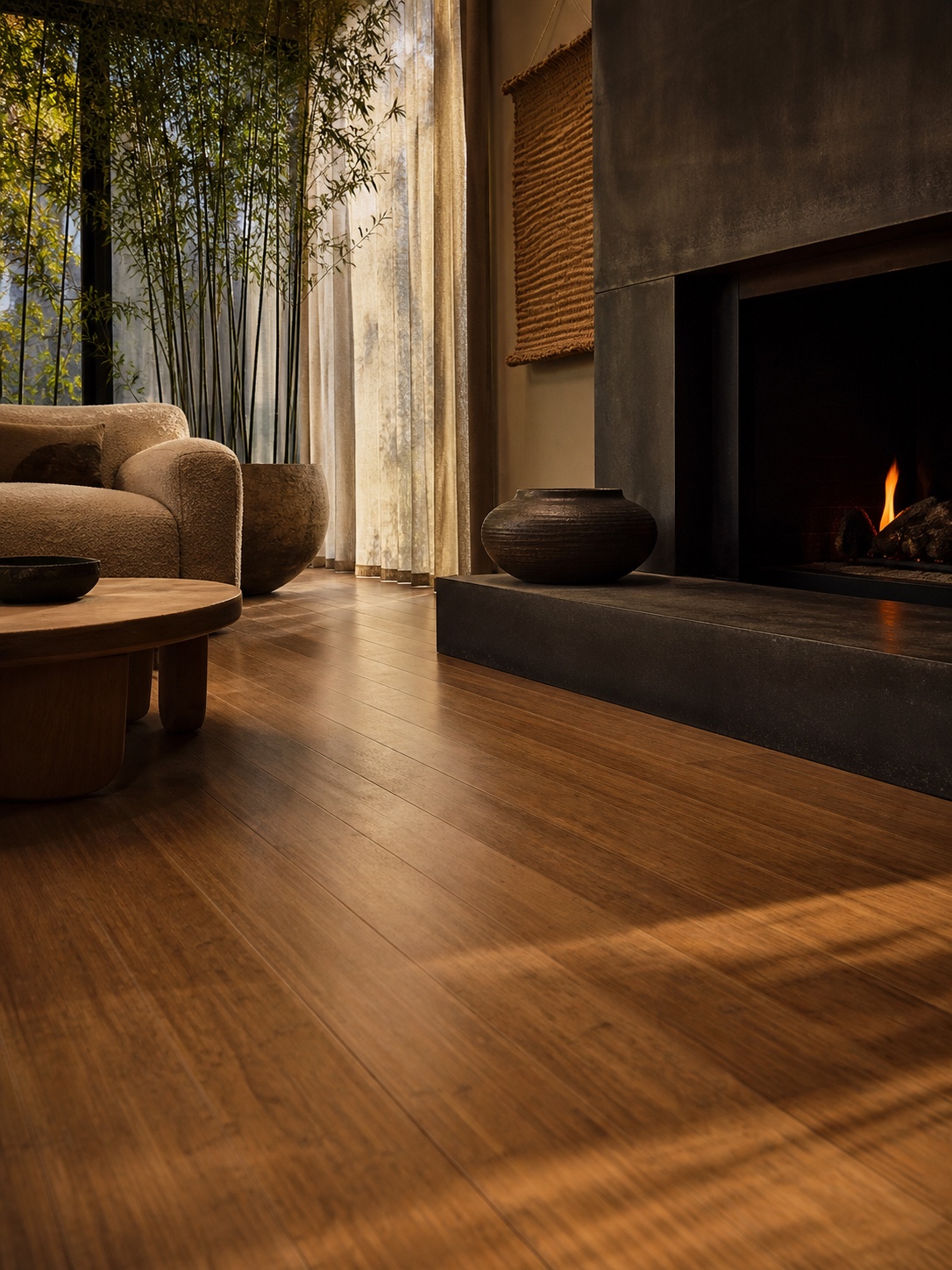 Eco-conscious living room with caramel strand-woven bamboo flooring and a blackened steel fireplace.
