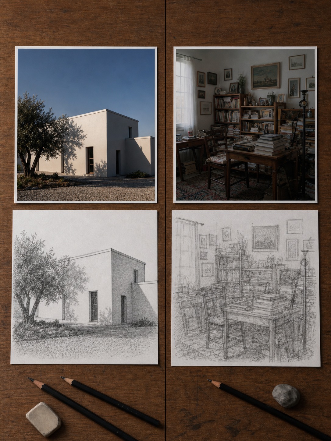A clear side-lit reference photo and a flat weak reference photo compared as pencil sketches.