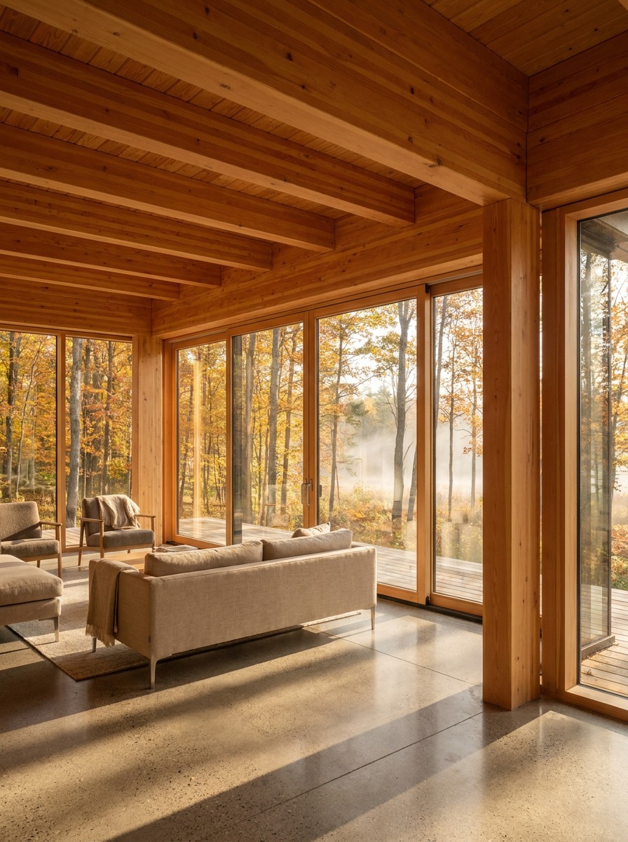Closing Wide Mass Timber Interior Editorial Light-filled mass timber living space with exposed glulam beams and forest views through full-height glazing. | Sky Rye Design Light-filled mass timber living space with exposed glulam beams and forest views through full-height glazing.