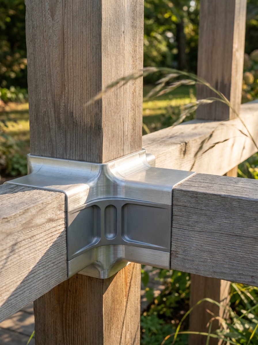 Connext Nodes Exposed Aluminum Joint as Ornament CNC-milled aluminum node connecting timber posts and beams in an open-air garden pavilion. | Sky Rye Design CNC-milled aluminum node connecting timber posts and beams in an open-air garden pavilion.