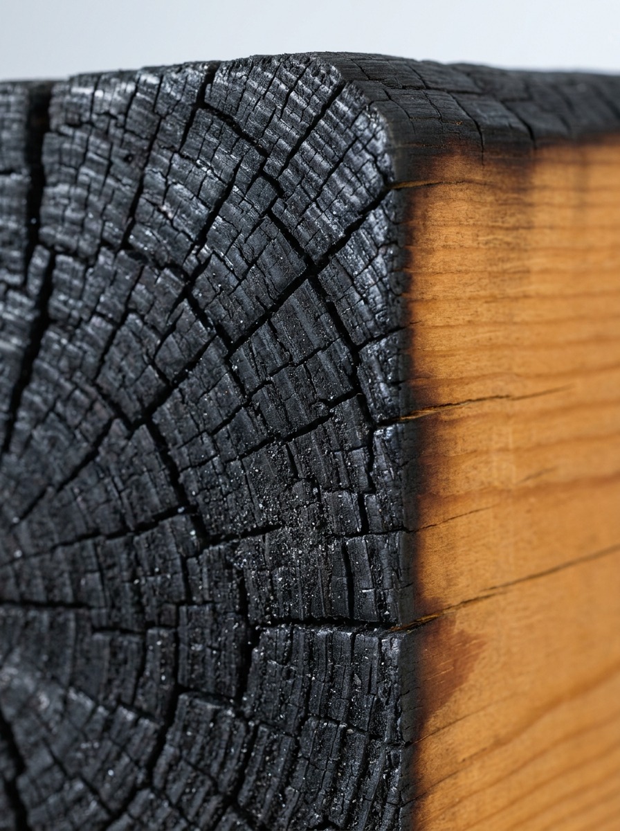 Fire and Char Layer Protective Char Detail Macro detail of a charred timber beam surface transitioning from black char to solid amber wood. | Sky Rye Design Macro detail of a charred timber beam surface transitioning from black char to solid amber wood.