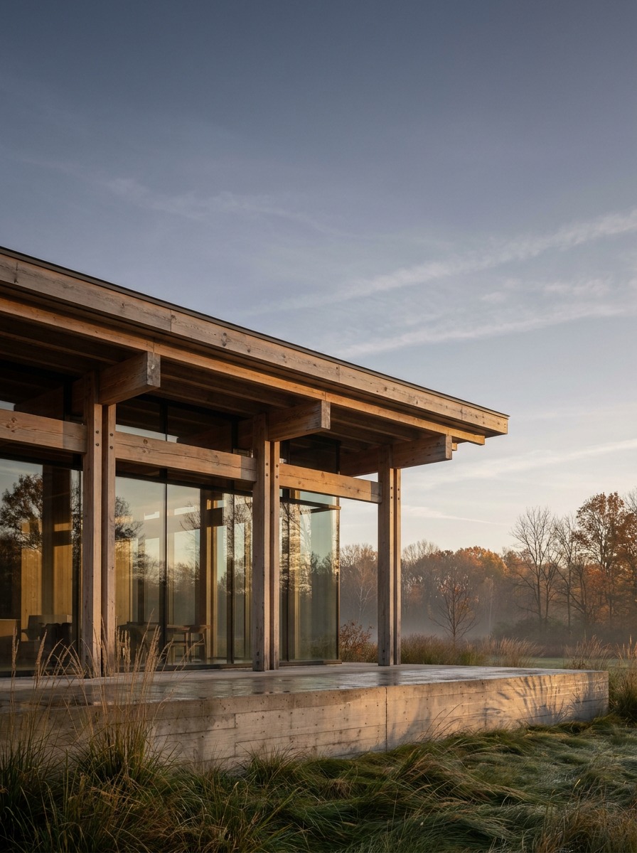 Hero Modern Timber Structure Exterior Modern timber-framed house with exposed glulam beams seen through a glass wall at golden hour. | Sky Rye Design Modern timber-framed house with exposed glulam beams seen through a glass wall at golden hour.