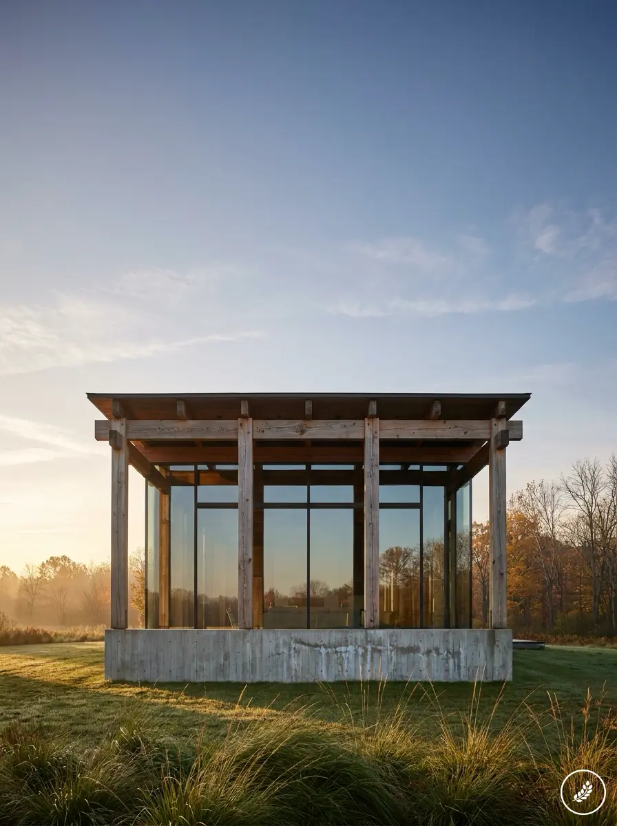 Timber-framed_house_glass_wall_202607160306 Modern glass pavilion with wood beams and concrete base in grassy rural landscape at sunrise | Sky Rye Design Modern glass pavilion with wood beams and concrete base in grassy rural landscape at sunrise