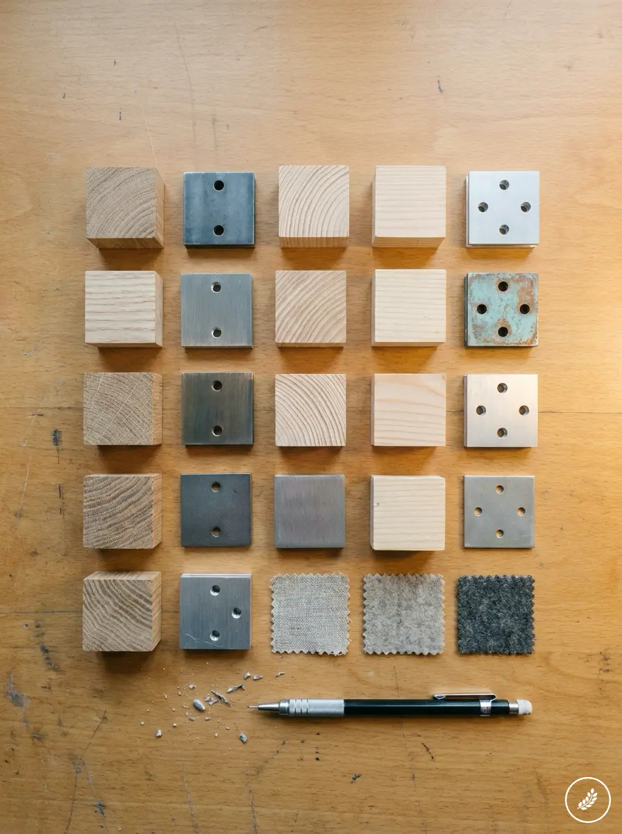 Architect_material_palette_studio_202607160305 Material sample grid: wooden blocks, metal plates and fabric swatches with pencil on workbench | Sky Rye Design Material sample grid: wooden blocks, metal plates and fabric swatches with pencil on workbench