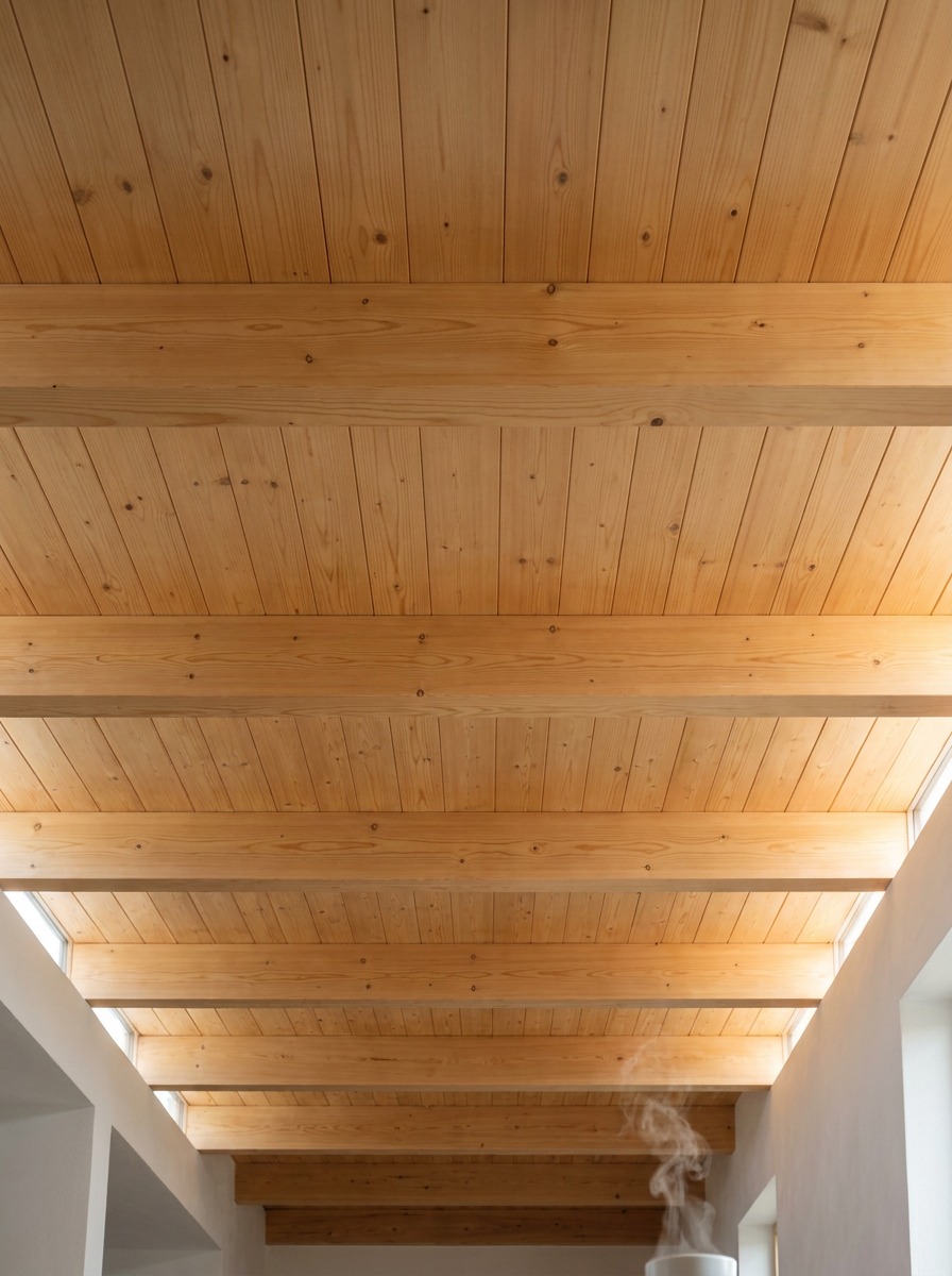 Knapp Megant Concealed Ceiling Reveal Continuous exposed timber ceiling with concealed beam connections and no visible hardware. | Sky Rye Design Continuous exposed timber ceiling with concealed beam connections and no visible hardware.