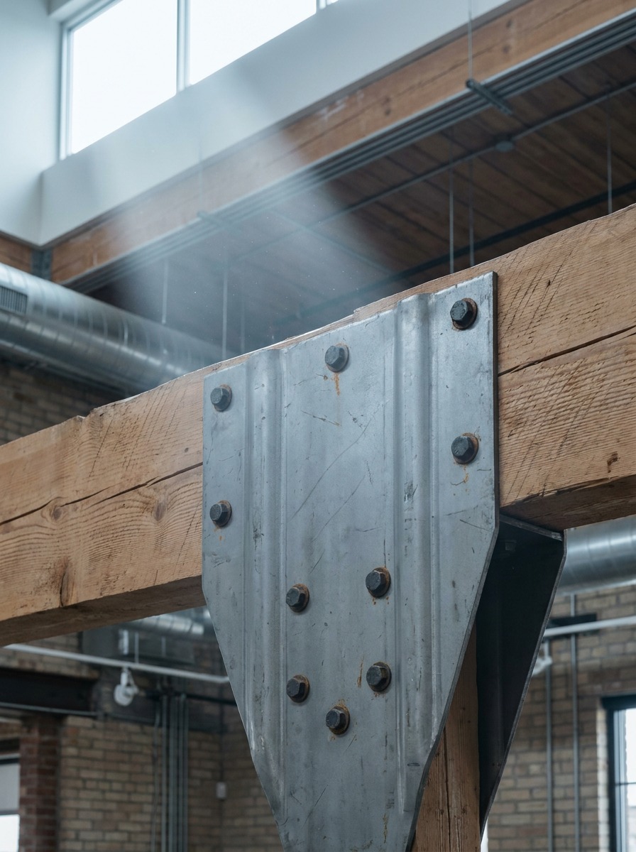 Mitek Heavy Formed-steel Hanger Detail Heavy formed-steel hanger bolted to a timber girder in an industrial-modern interior. | Sky Rye Design Heavy formed-steel hanger bolted to a timber girder in an industrial-modern interior.