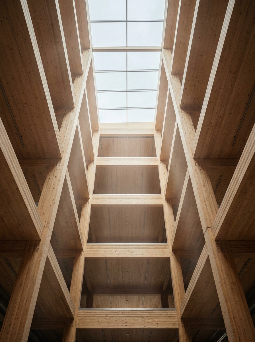 Rothoblaas Multi-story Mass Timber Atrium Tall mass timber atrium with exposed CLT slabs, glulam columns, and daylight from a skylight. | Sky Rye Design Tall mass timber atrium with exposed CLT slabs, glulam columns, and daylight from a skylight.