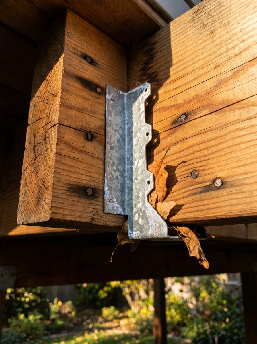 Simpson Strong-tie Exposed Joist Hanger Detail Galvanized joist hanger supporting an exposed timber beam on a covered porch. | Sky Rye Design Galvanized joist hanger supporting an exposed timber beam on a covered porch.