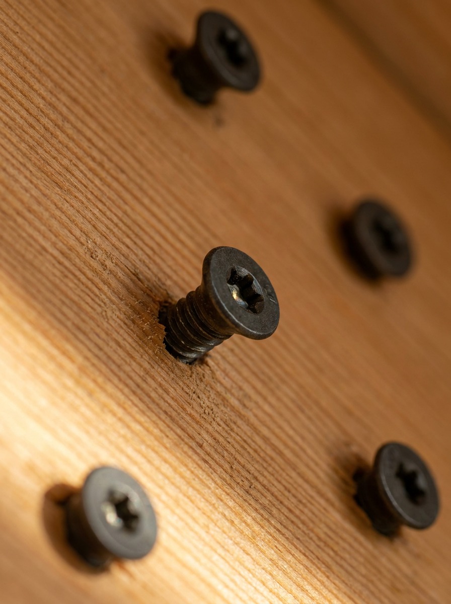 Structural Screws Angled Fastener Pattern Detail Macro view of countersunk structural screw heads set diagonally into a glulam beam. | Sky Rye Design Macro view of countersunk structural screw heads set diagonally into a glulam beam.