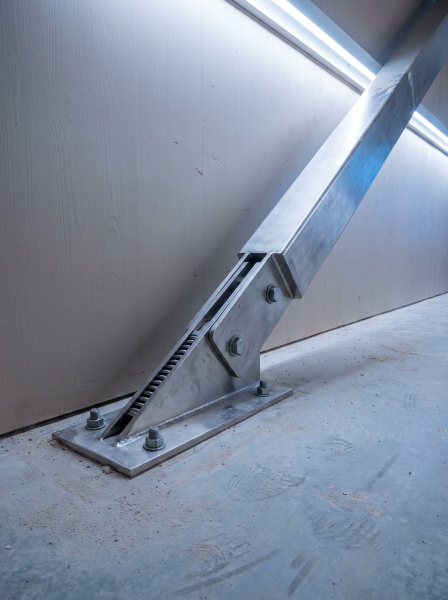 Tectonus Rsfj Seismic Hold-down Interior Detail Compact steel seismic hold-down device anchored at the base of a timber shear wall. | Sky Rye Design Compact steel seismic hold-down device anchored at the base of a timber shear wall.