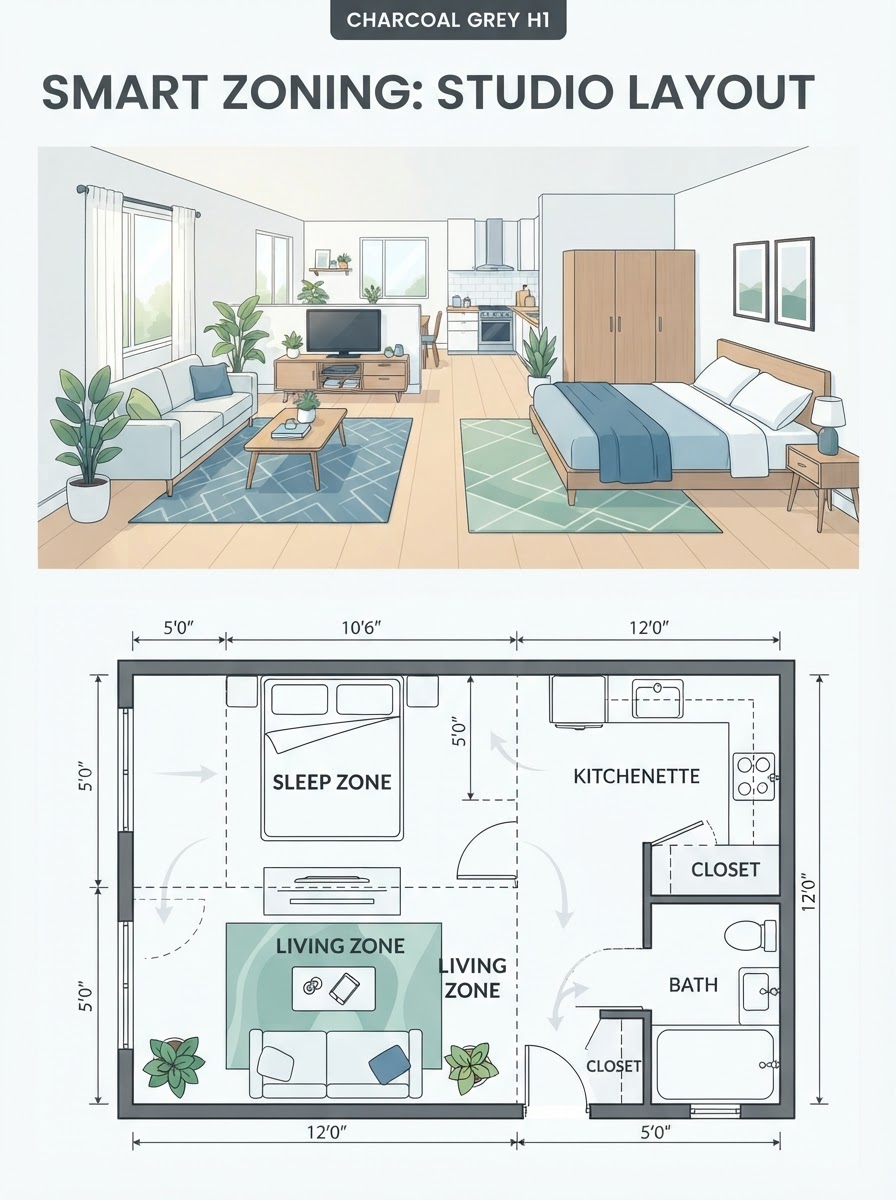 Smart zoning Studio Apartment Layout Infographic Two-panel infographic: Studio divided by rugs and a console; bottom panel is a 2D floor plan showing zoning boundaries. | Sky Rye Design Two-panel infographic: Studio divided by rugs and a console; bottom panel is a 2D floor plan showing zoning boundaries.