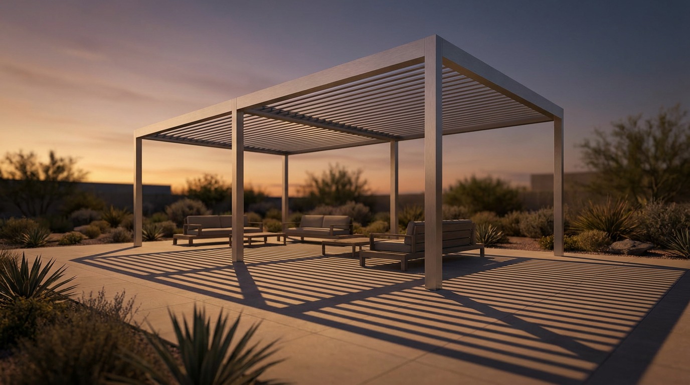 Patio and pergola structure with long shadow lines showing sun position at different times of day