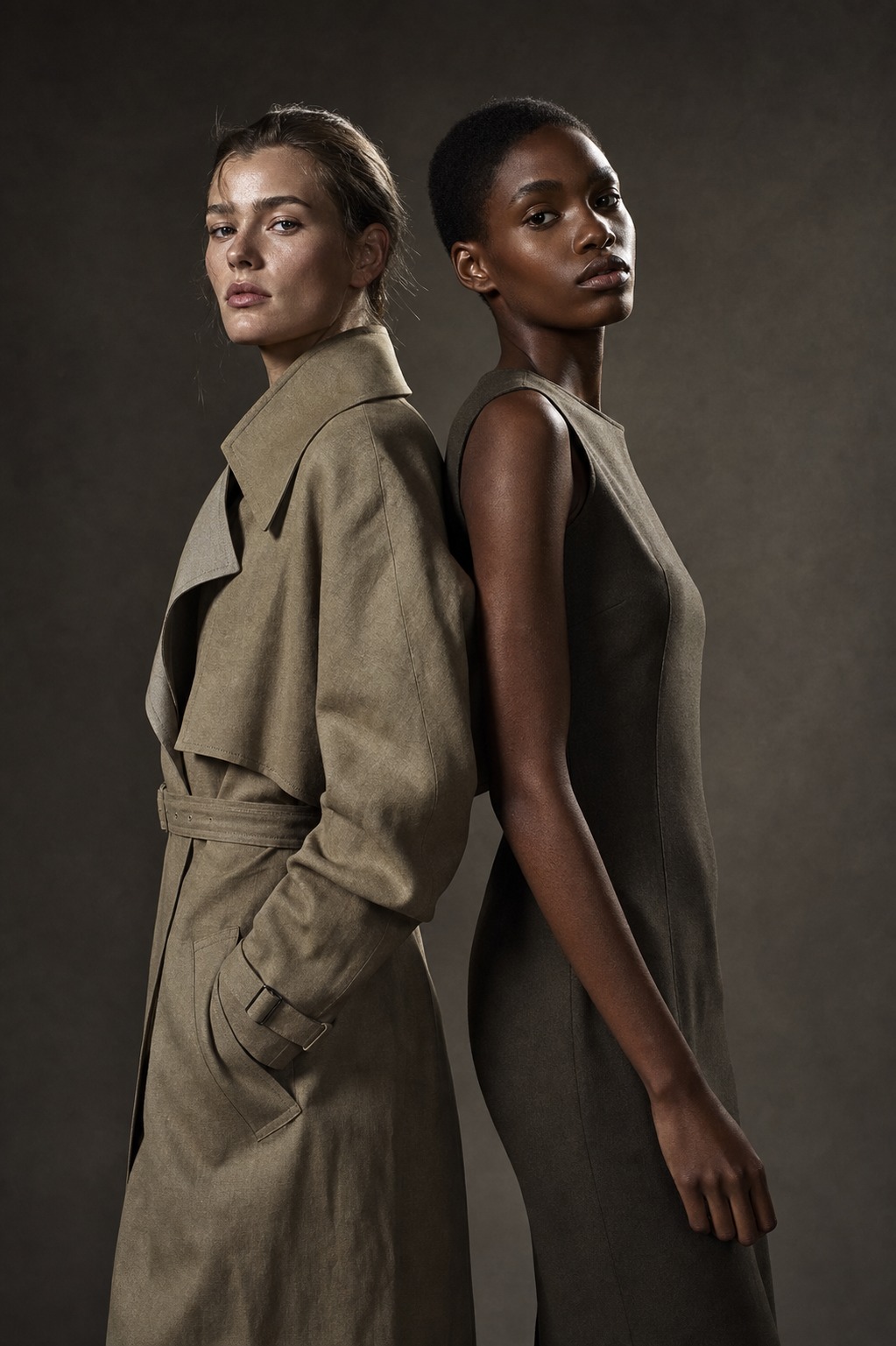 Earth-tone sustainable clothing brands editorial Two high-fashion models wearing refined earth-toned sustainable clothing with hemp cotton and recycled wool textures | Sky Rye Design Two high-fashion models wearing refined earth-toned sustainable clothing with hemp cotton and recycled wool textures