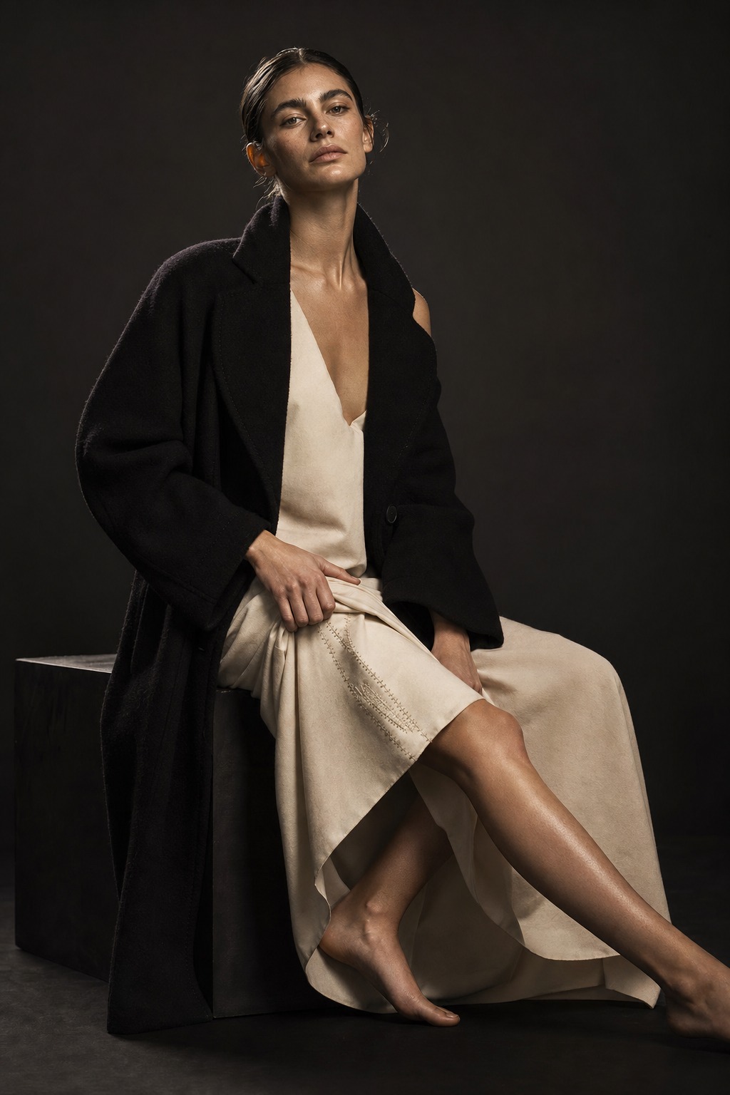 Slow fashion coat editorial with mended fabric detail High-fashion model wearing a black recycled wool coat over a cream dress with visible mended fabric detail | Sky Rye Design High-fashion model wearing a black recycled wool coat over a cream dress with visible mended fabric detail