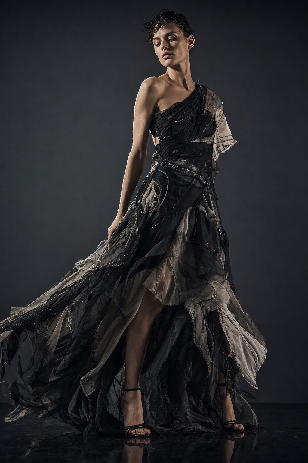 Upcycled evening dress editorial for circular fashion brands High-fashion model wearing an upcycled black evening dress made from reclaimed silk and organza scraps | Sky Rye Design High-fashion model wearing an upcycled black evening dress made from reclaimed silk and organza scraps