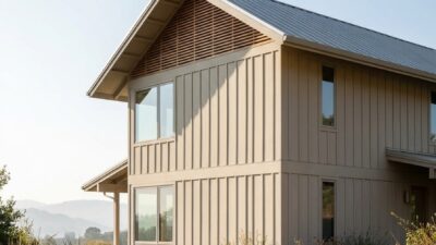 A modern light-sided home with deep roof overhangs shading large south-facing windows.